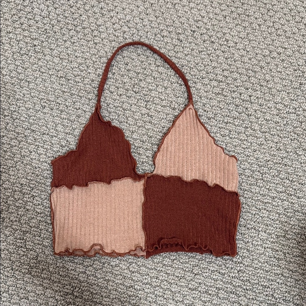 Brown and Tan Patchwork Halter Top